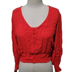 NWT MSRP $78 BOG Collective Cropped Blouse Womens L Red V Neck Lantern Sleeve